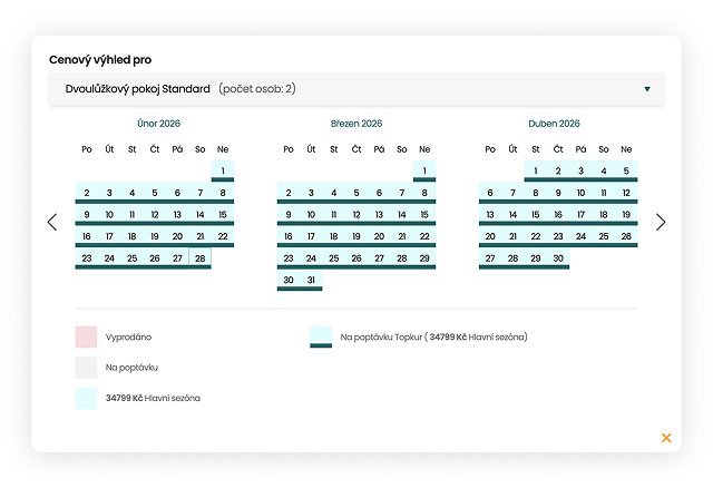 Kalendář cenového přehledu pobytu pro dvoulůžkový pokoj Standard, zobrazující dostupnost a ceny v únoru, březnu a dubnu 2026 s barevným rozlišením (vyprodáno, na poptávku, hlavní sezóna).