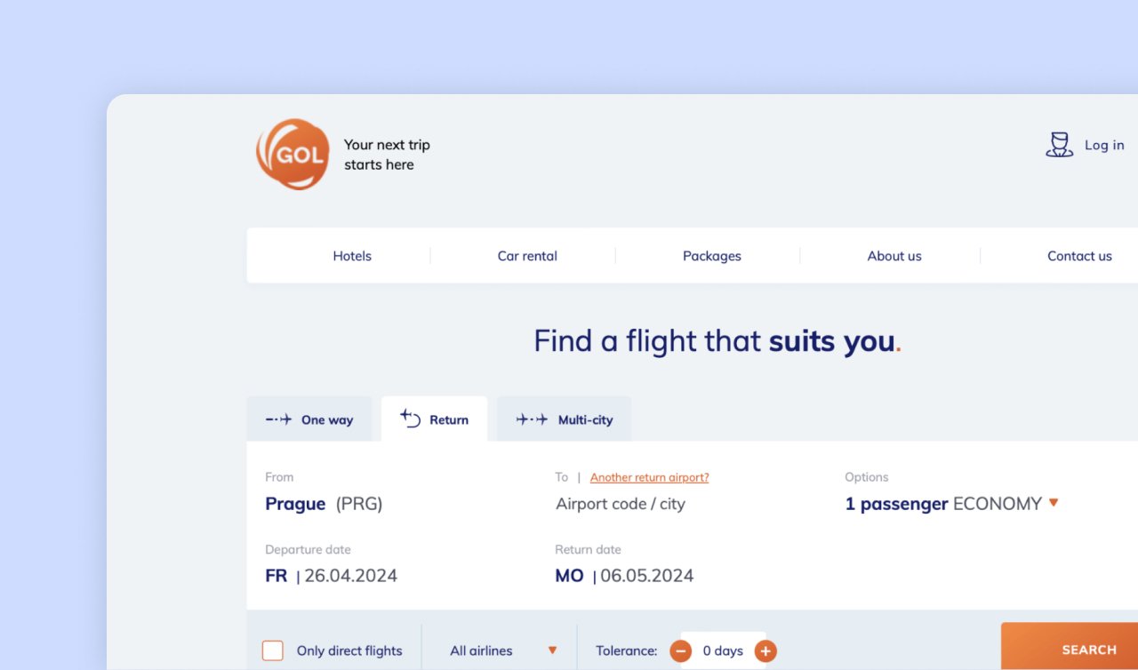 Screenshot aplikace pro vyhledávání letů s formulářem pro zadání trasy, dat odletu a návratu, počtu cestujících a typu letu (jednosměrný, zpáteční, multi-city).