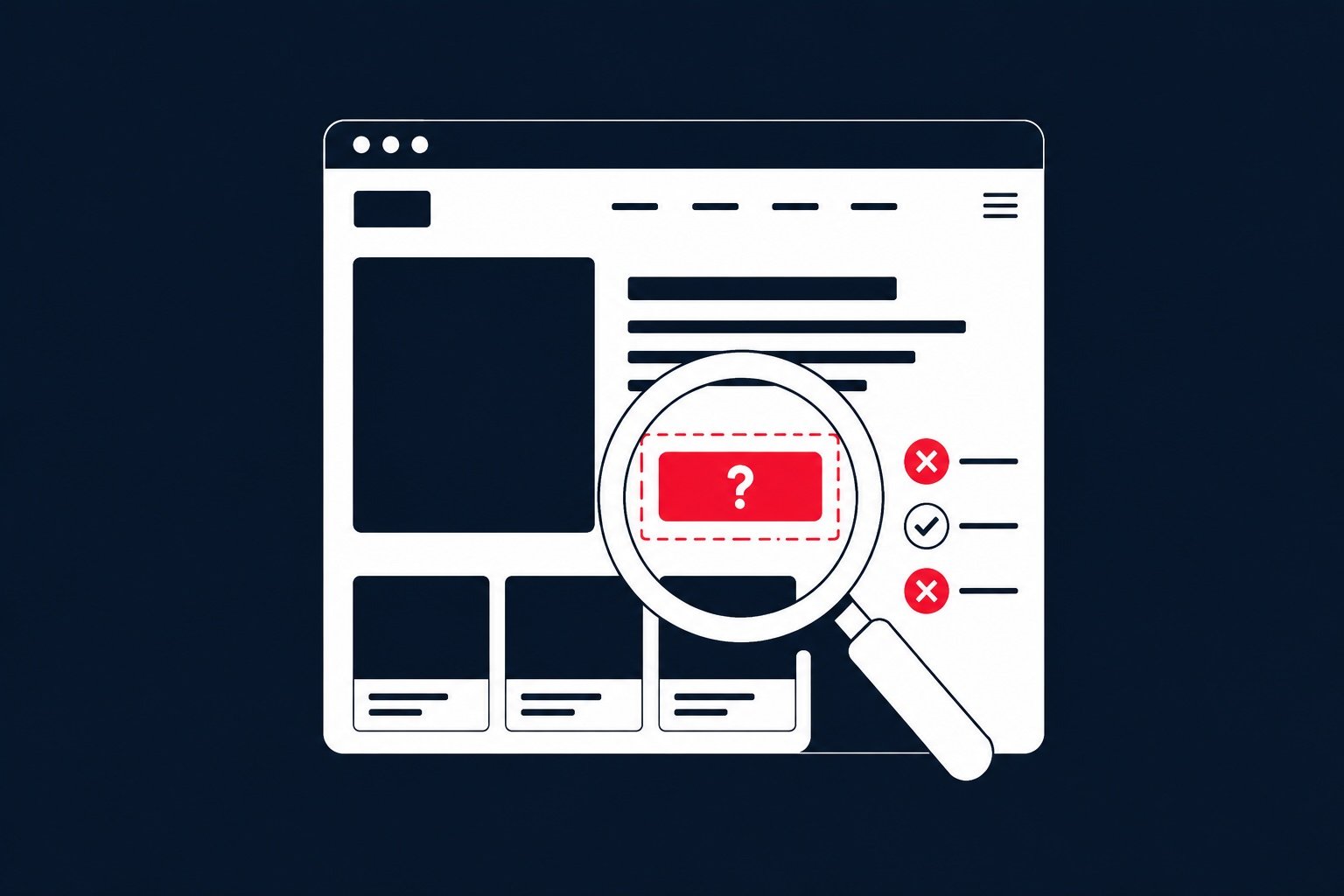 UX audit webu znázorňující kontrolu navigace, obsahu, formulářů, mobilní použitelnosti a rychlosti